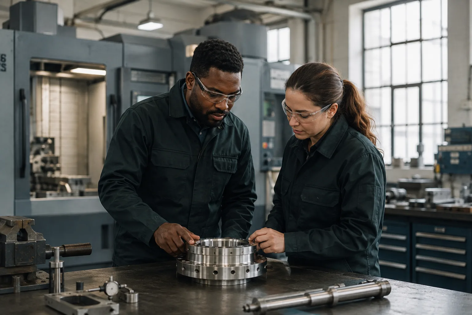 A manufacturer and engineer inspecting a precision component in a small factory