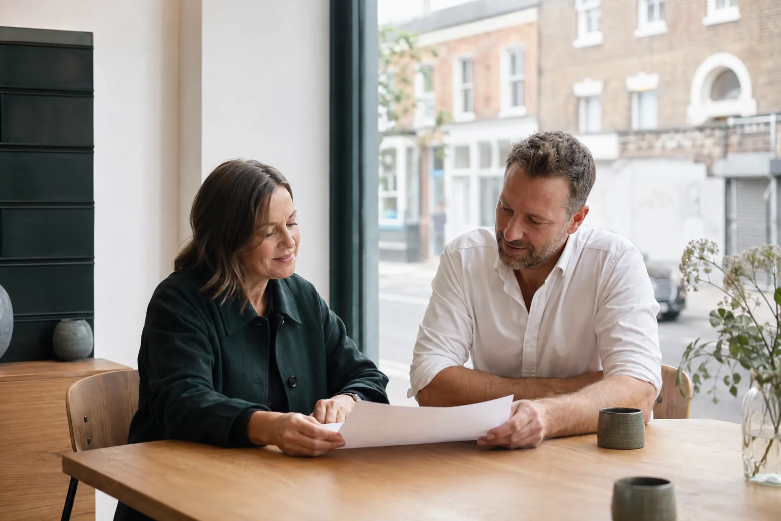 Two people exploring ideas together at a work table