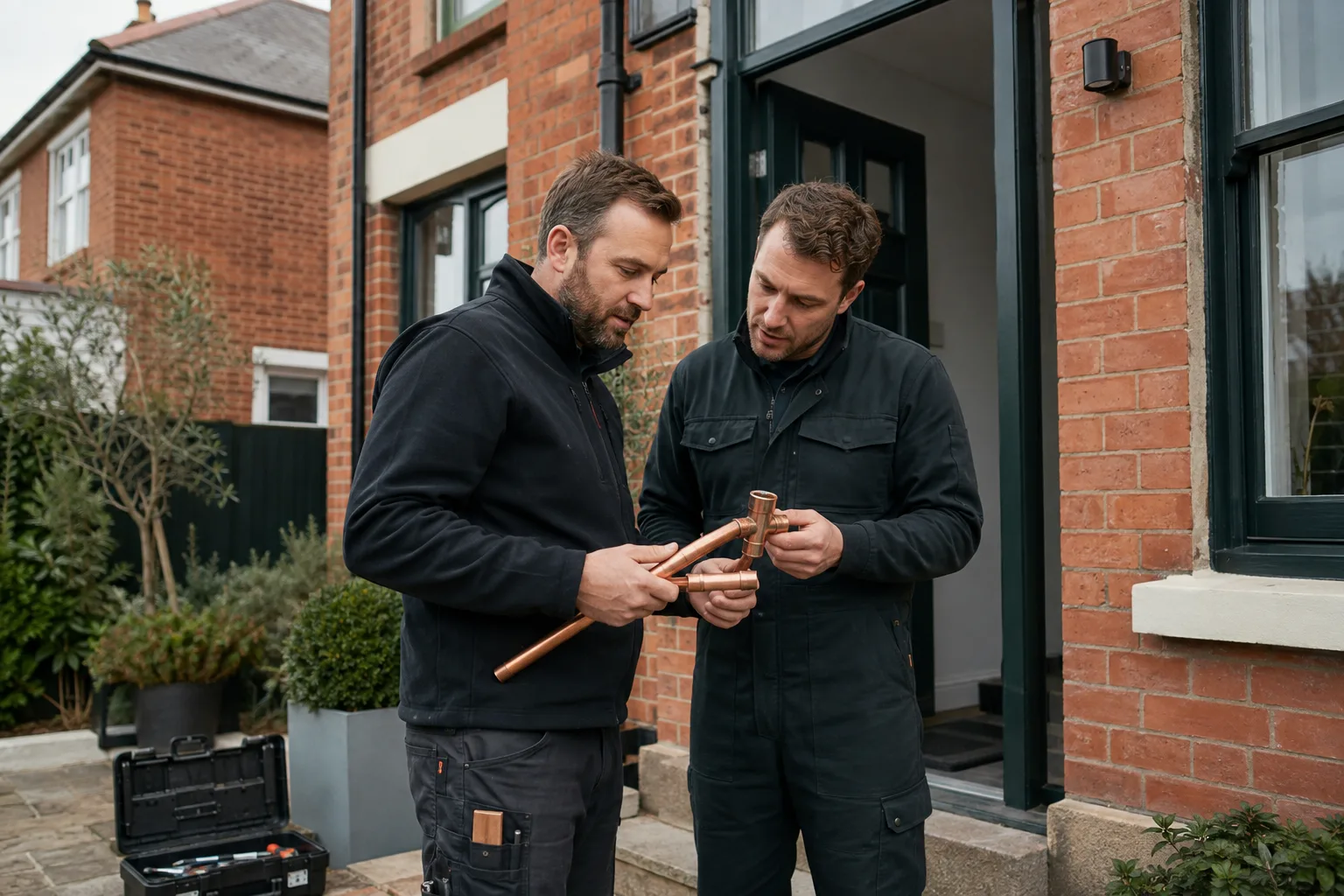 Two tradespeople reviewing copper pipework beside a red-brick home