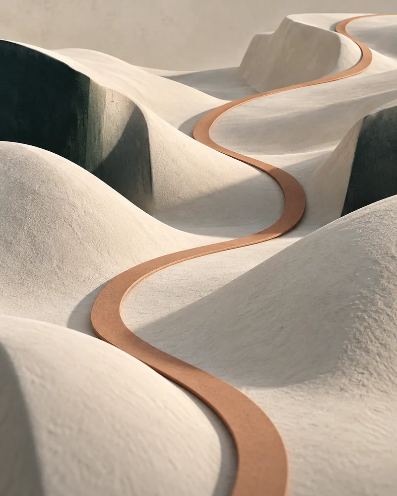 An ivory sculptural landscape with a terracotta ribbon following its gentle rises and falls.